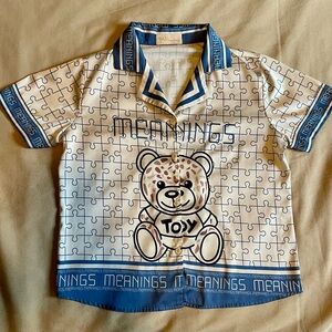 Vintage 80’s Silk Shirt Bear Puzzle Pattern Retro Indie Artsy Whimsy Bold Unique